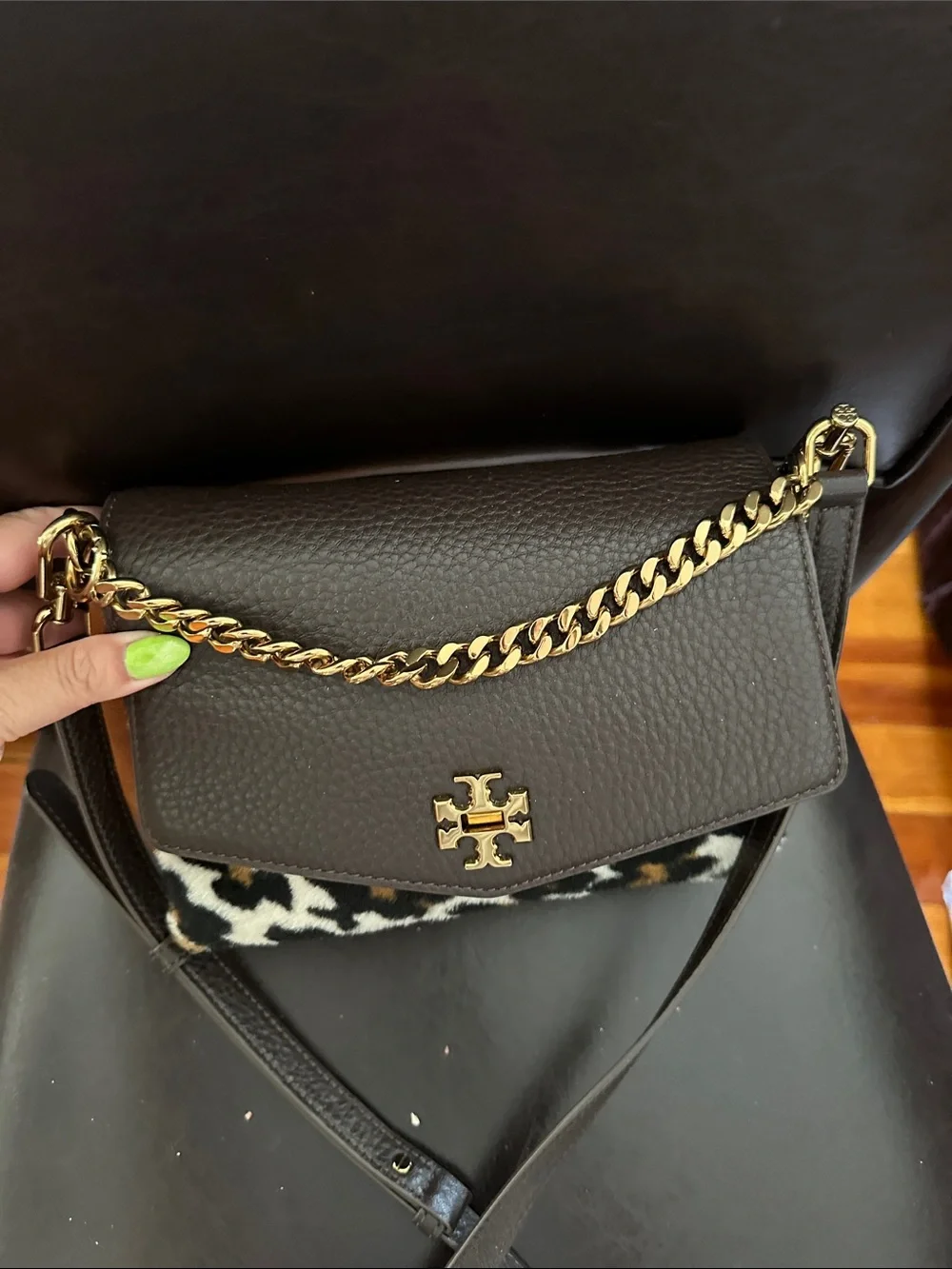 Tory Burch Brown Leather Crossbody with Leopard Print